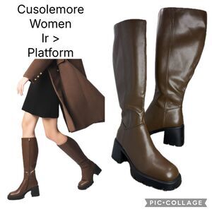 (Q7) Cusolemore Women's Brown Platform Chunky Knee-High Boots,Sz 10, square toe